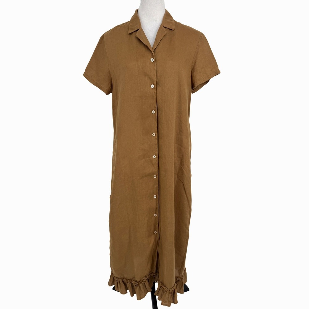 CALIBAN Button Down Shirt Dress Brown Linen Ruffle Hem Size 46 US 10 Coastal